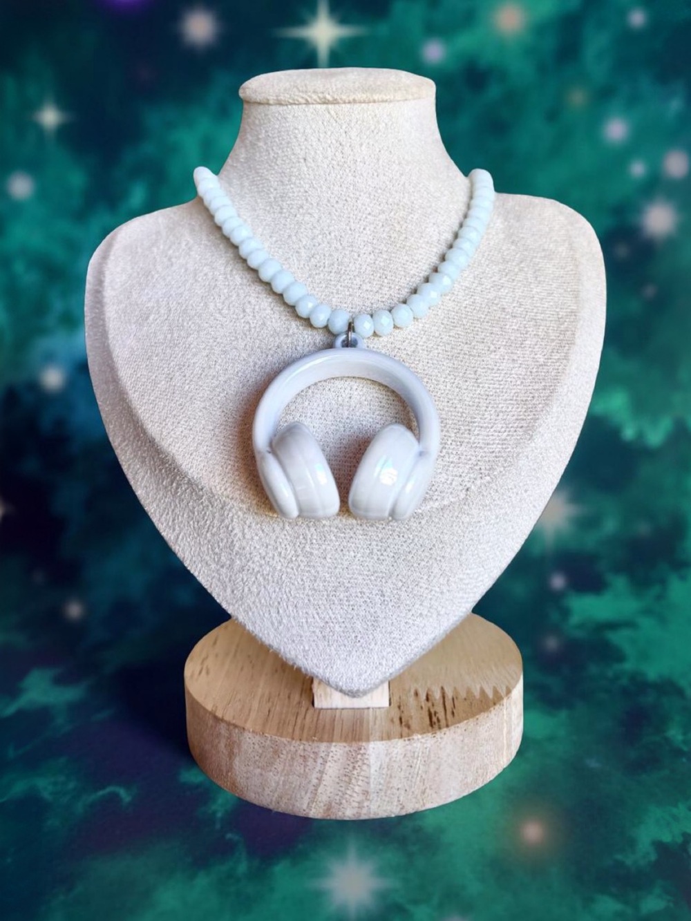 One of a kind white Headphone Pendant Beaded Necklace - Contemporary Jewelry